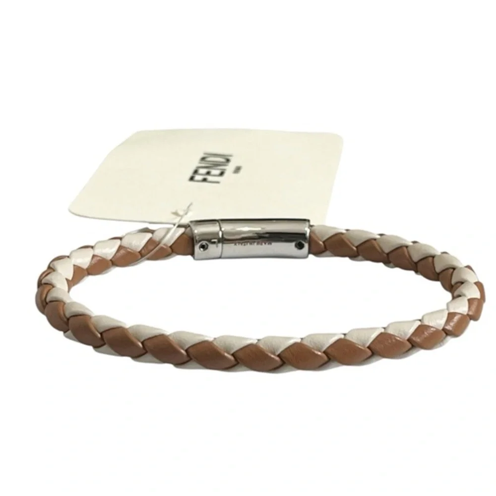 Fendi NWT Braided‎ Leather Bracelet Large Saddle Camelia Palladium Clasp